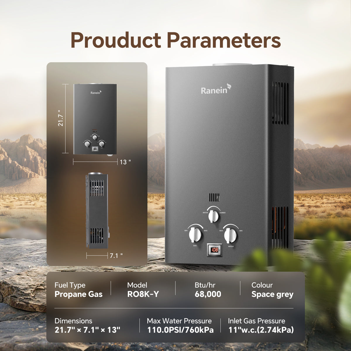 8L/12L/18L Tankless Water Heater Propane Gas 2.11 GPM 48,000 BTU