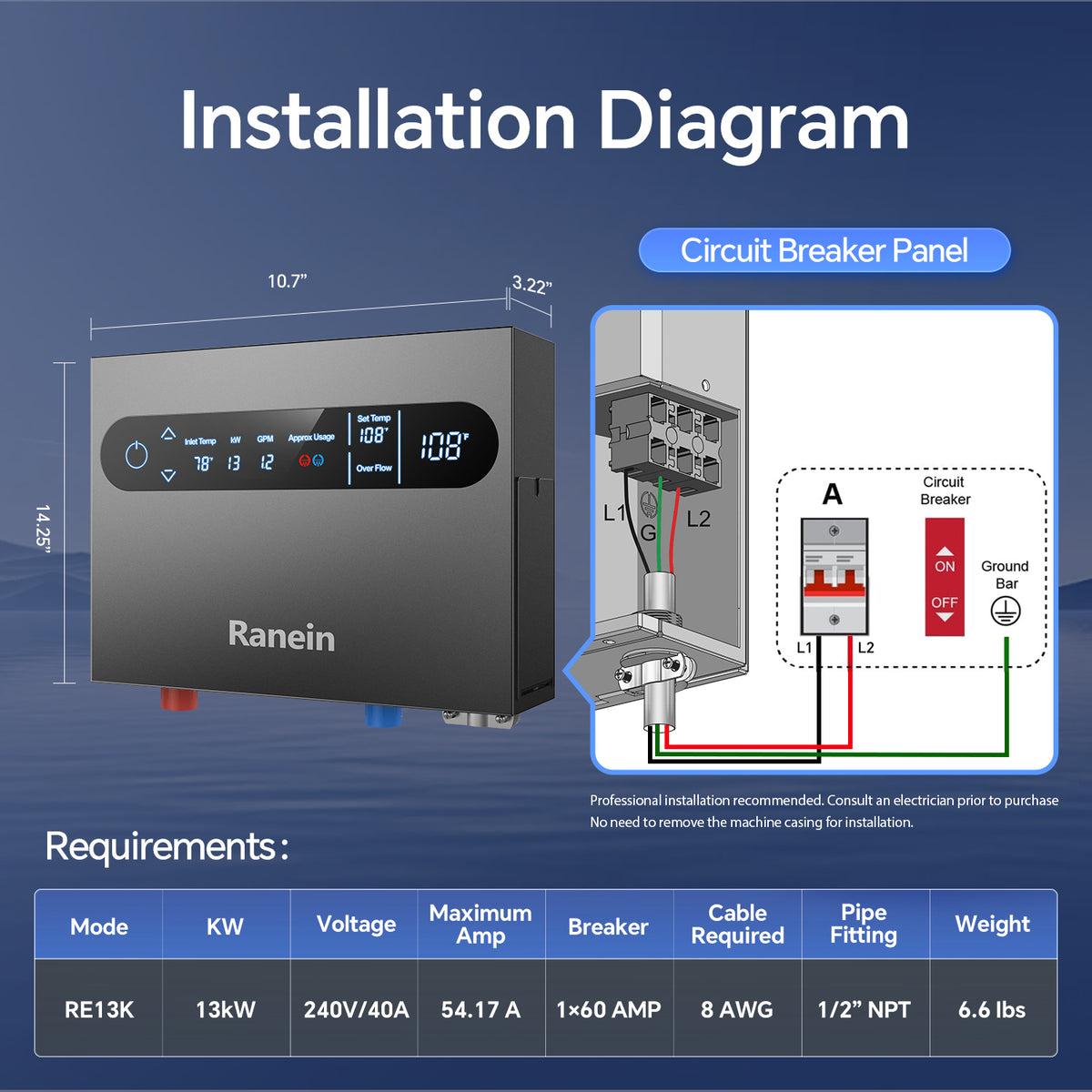 8kW 13kW Tankless Electric Water Heater 240V