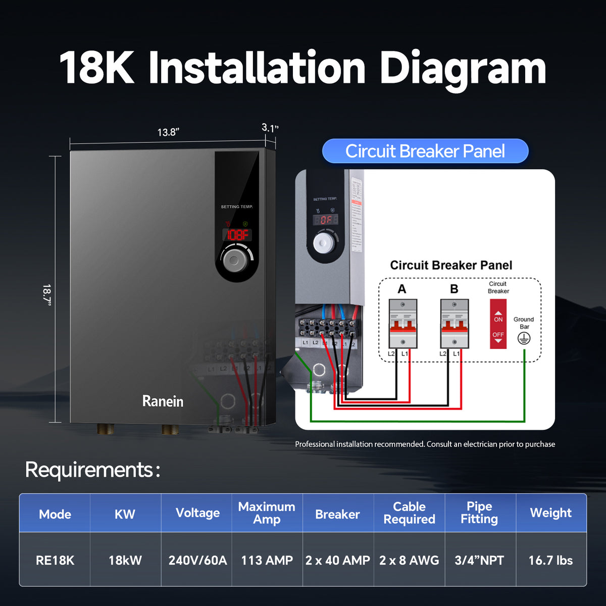 Electric Tankless Water Heater 18K 27KW 240V