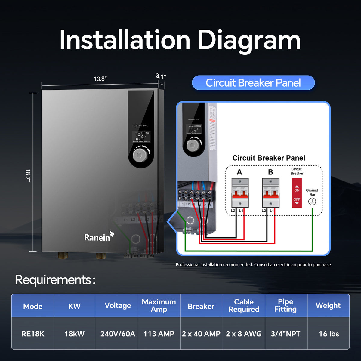 Electric Tankless Water Heater 18K 27KW 240V