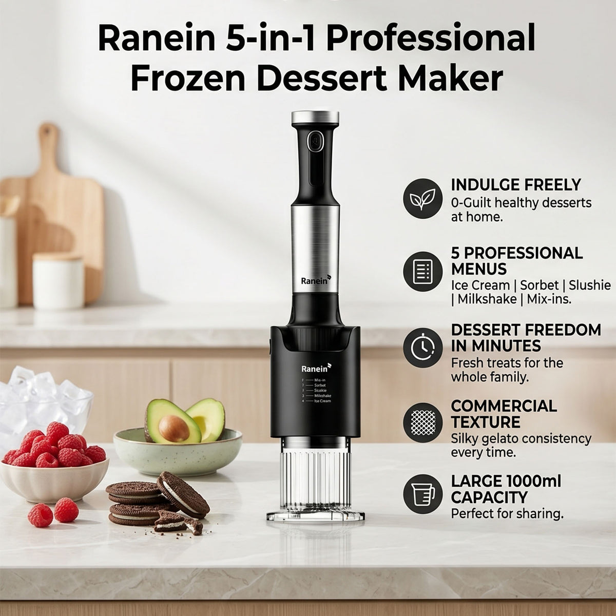 Ranein Premium 5-in-1 Frozen Dessert Maker (5 Preset Modes) Homemade Machine for Ice Cream, Sorbet, Slushie, Milkshakes, 1000ml Capacity - Quick & Healthy Treats