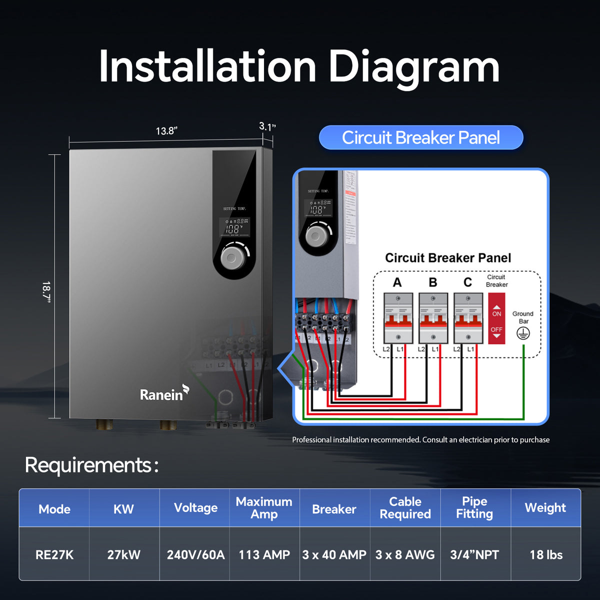 Electric Tankless Water Heater 18K 27KW 240V