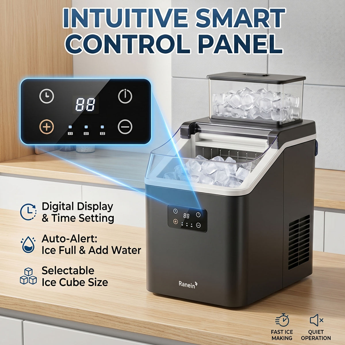 Ranein Countertop Ice Maker, Fast Ice, 2.2lbs Storage, Smart Control