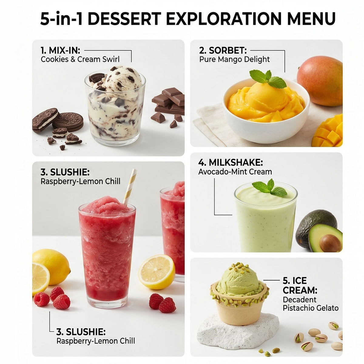 Ranein Premium 5-in-1 Frozen Dessert Maker (5 Preset Modes) Homemade Machine for Ice Cream, Sorbet, Slushie, Milkshakes, 1000ml Capacity - Quick & Healthy Treats