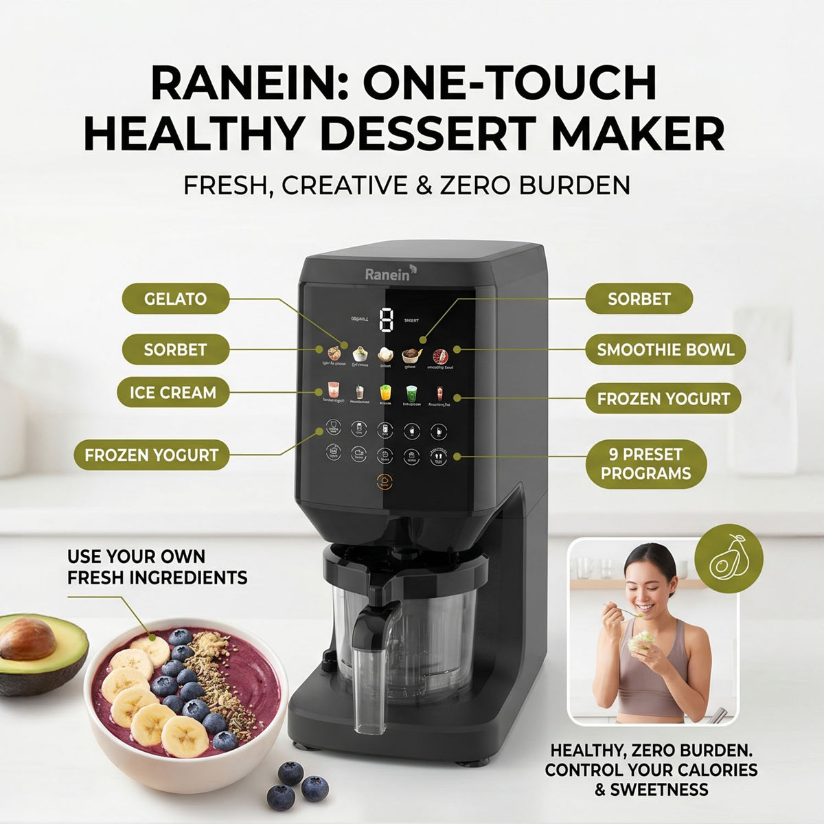 Ranein RICM-10 Countertop Ice Cream Maker, 10 Presets, Auto Clean, 26000RPM