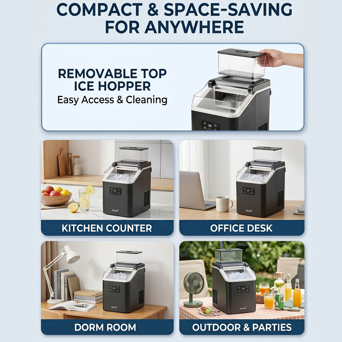 Ranein Countertop Ice Maker, Fast Ice, 2.2lbs Storage, Smart Control