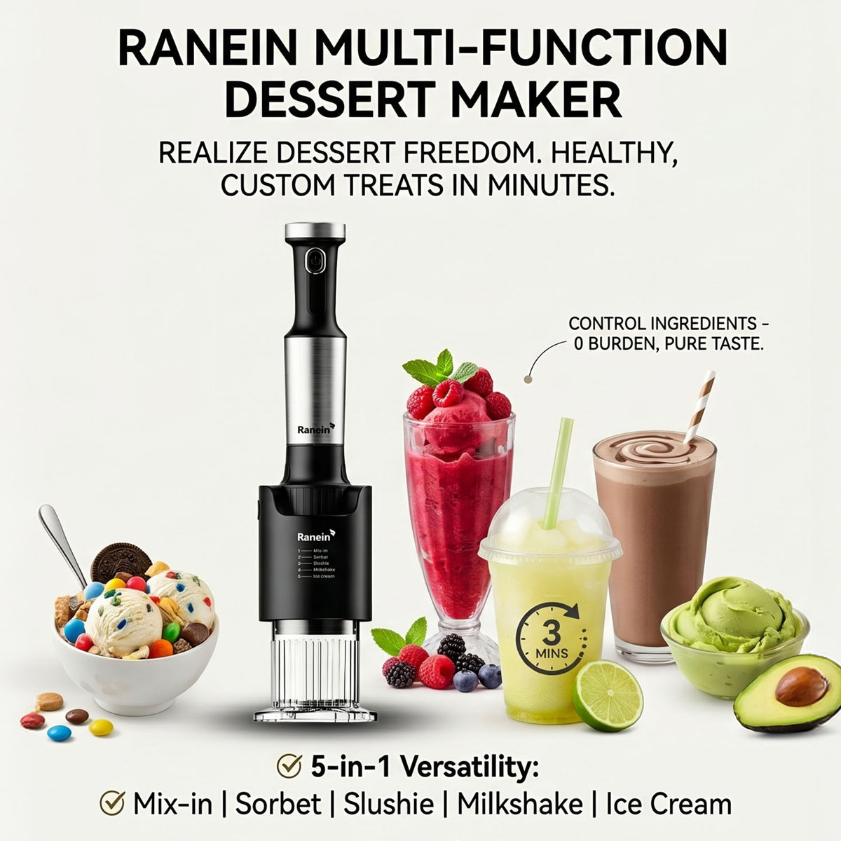 Ranein Premium 5-in-1 Frozen Dessert Maker (5 Preset Modes) Homemade Machine for Ice Cream, Sorbet, Slushie, Milkshakes, 1000ml Capacity - Quick & Healthy Treats