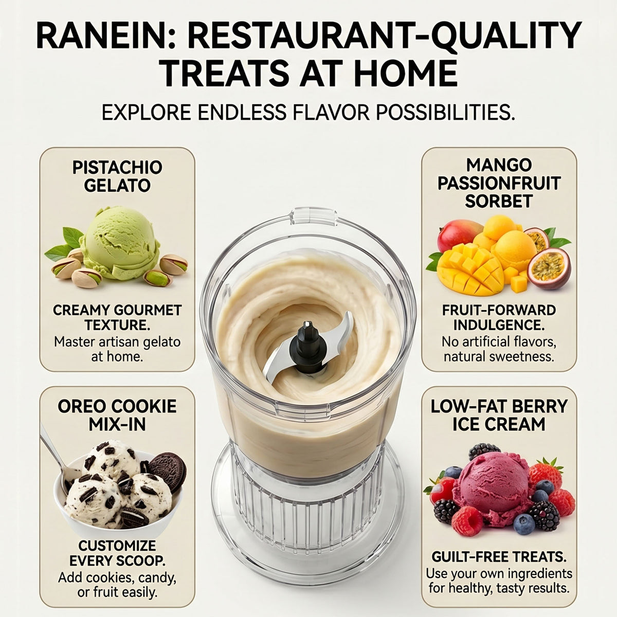 Ranein Premium 5-in-1 Frozen Dessert Maker (5 Preset Modes) Homemade Machine for Ice Cream, Sorbet, Slushie, Milkshakes, 1000ml Capacity - Quick & Healthy Treats