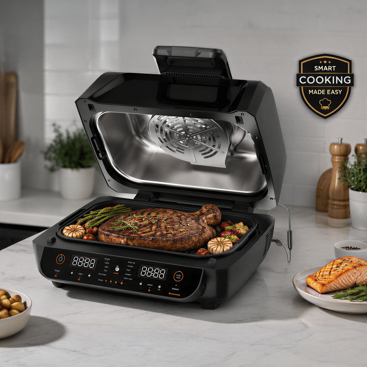 Ranein ROAFG-12E 12-in-1 Indoor Grill Air Fryer, Smokable, LED Touch, Visible Window