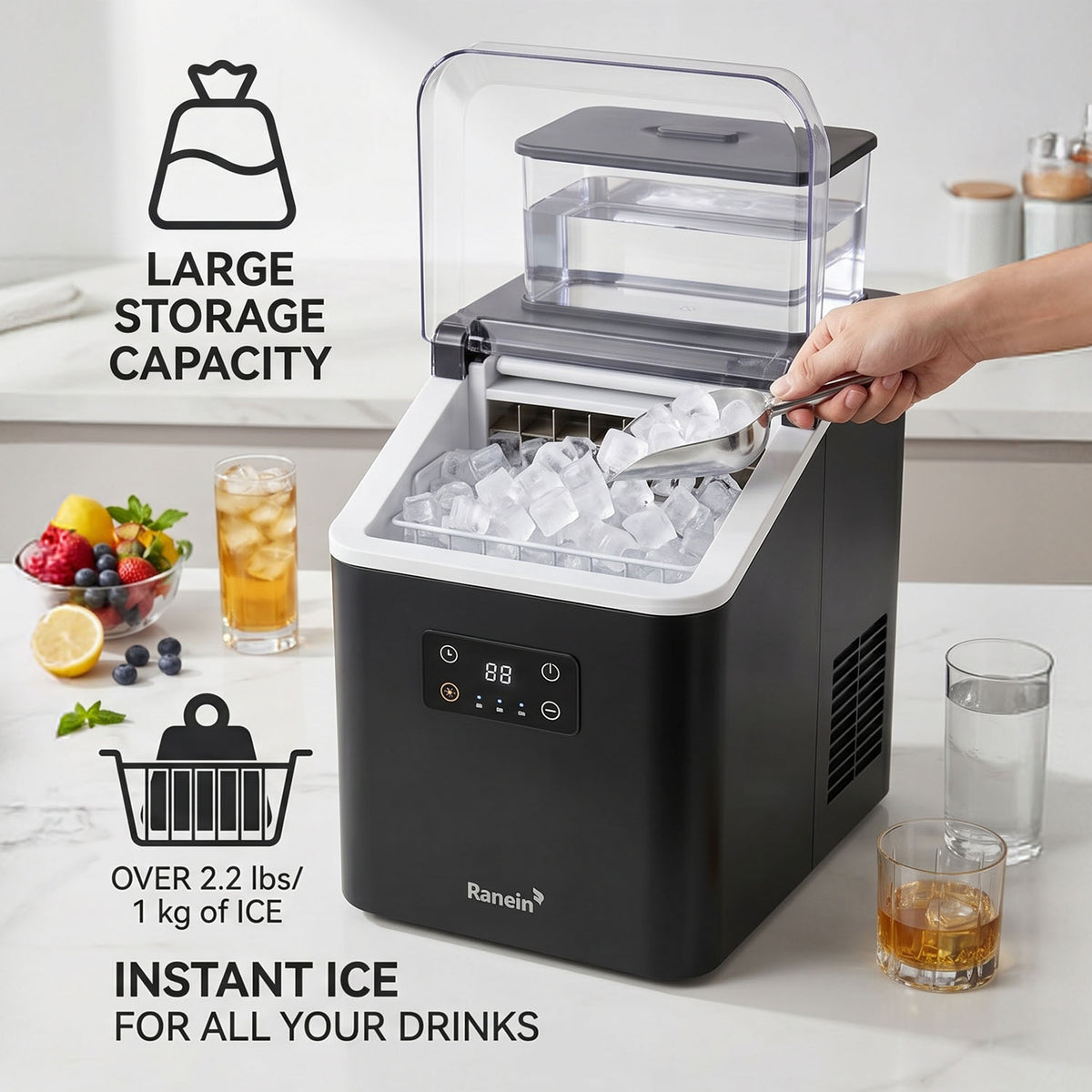 Ranein Countertop Ice Maker, Fast Ice, 2.2lbs Storage, Smart Control