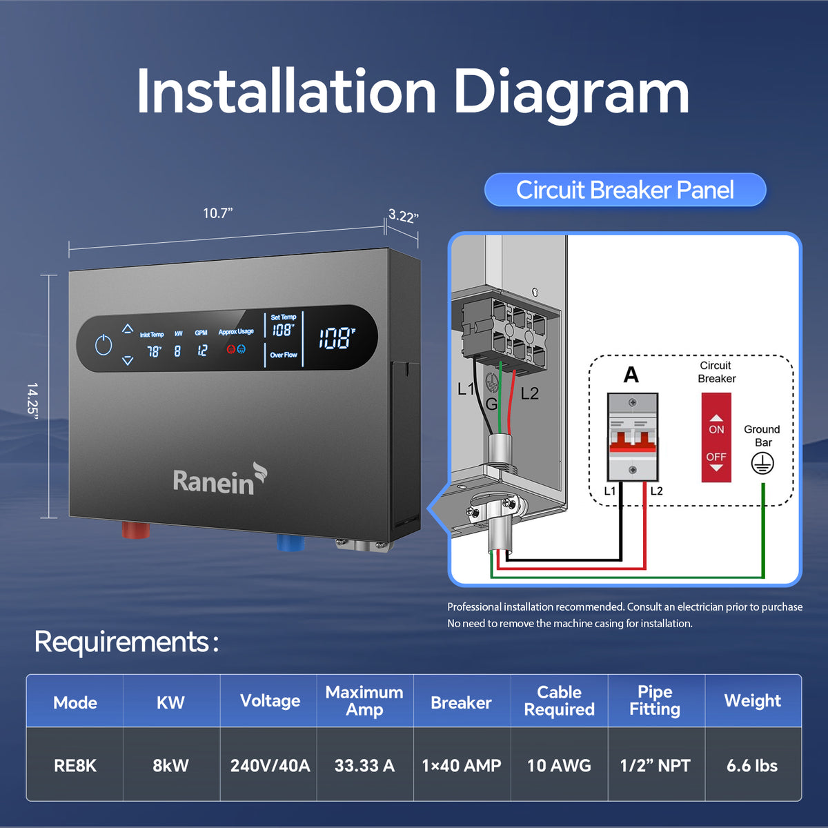 8kW 13kW Tankless Electric Water Heater 240V