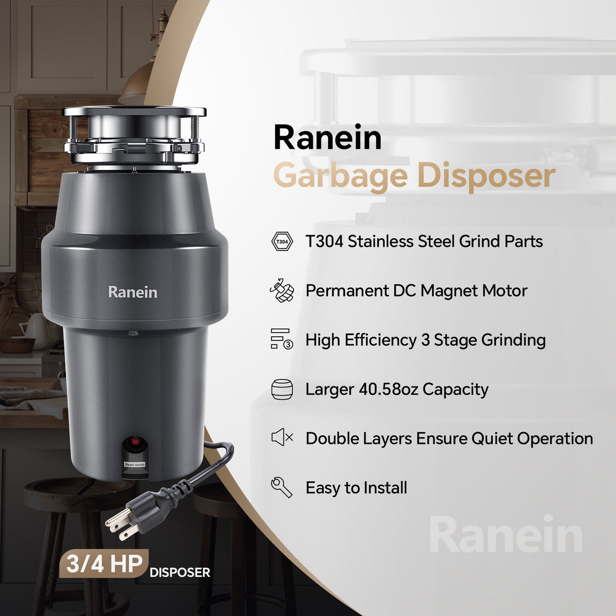3/4 HP Garbage Disposal with Power Cord