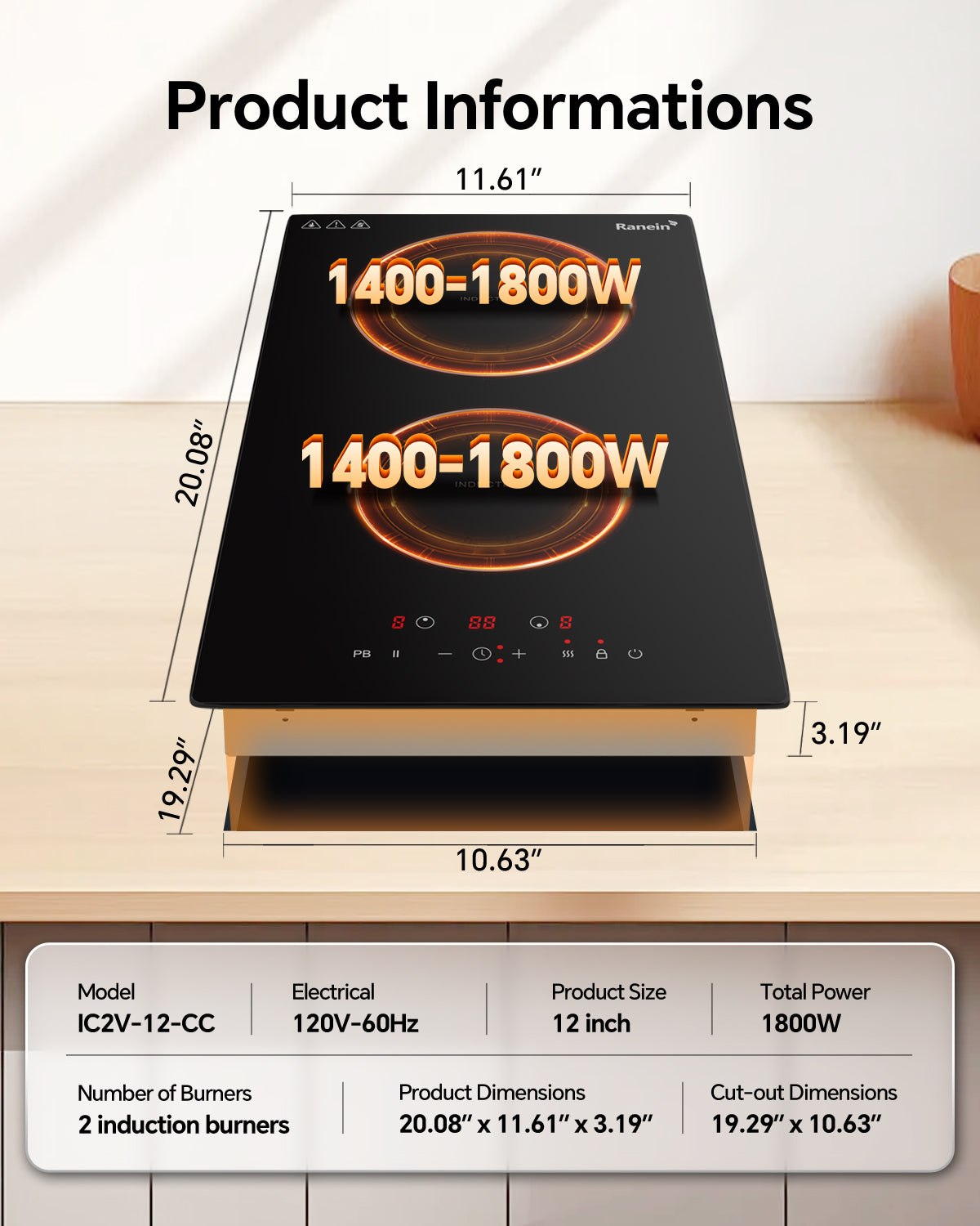 Induction Cooktop with 2 Burners, 12 inch 1800W 120V