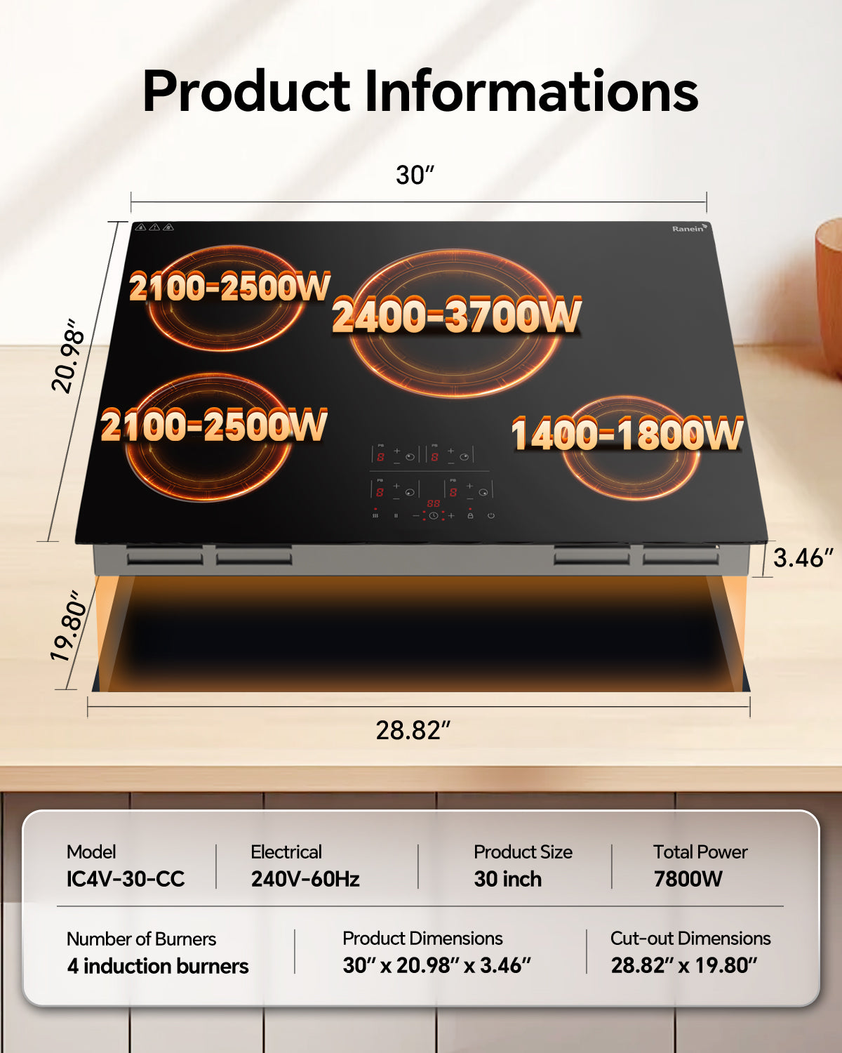 Induction Cooktop with 4 Burners, 30 inch 7800W 240V