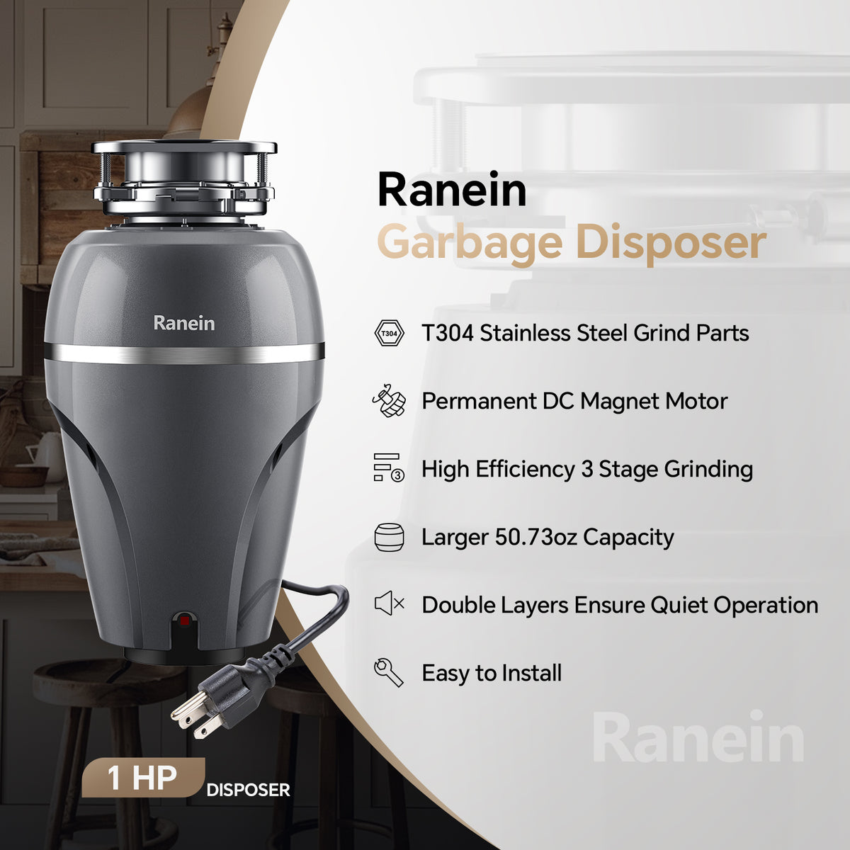 1 HP Garbage Disposal with Dishwasher Connector Kit and Power Cord