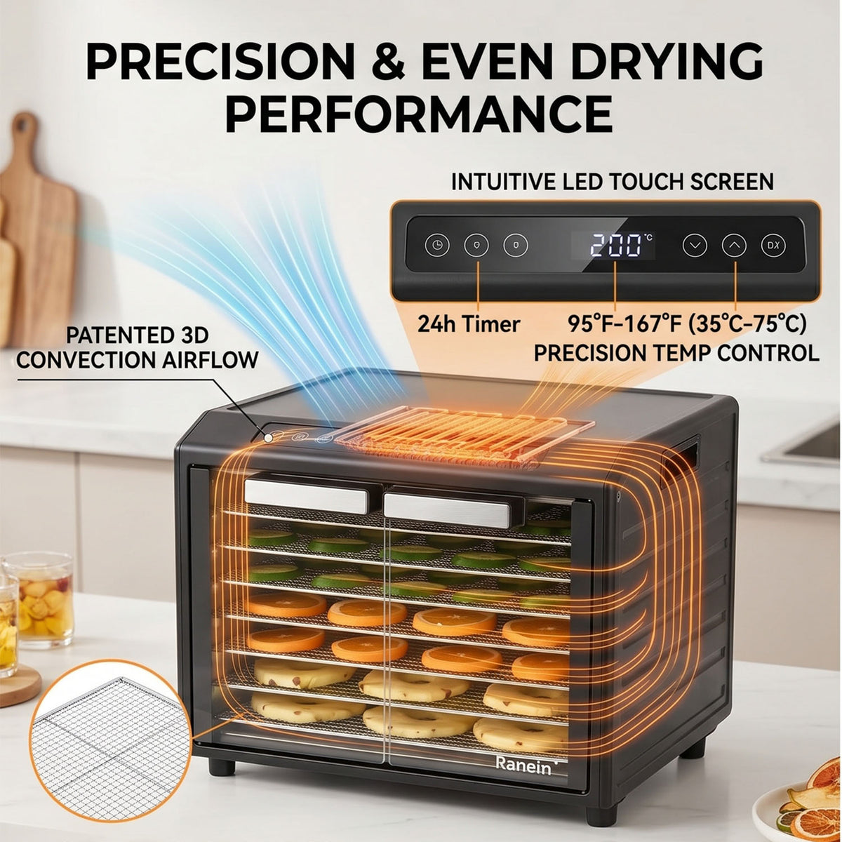 Ranein 6-Tray Food Dehydrator, Precise Temp & 360° Airflow