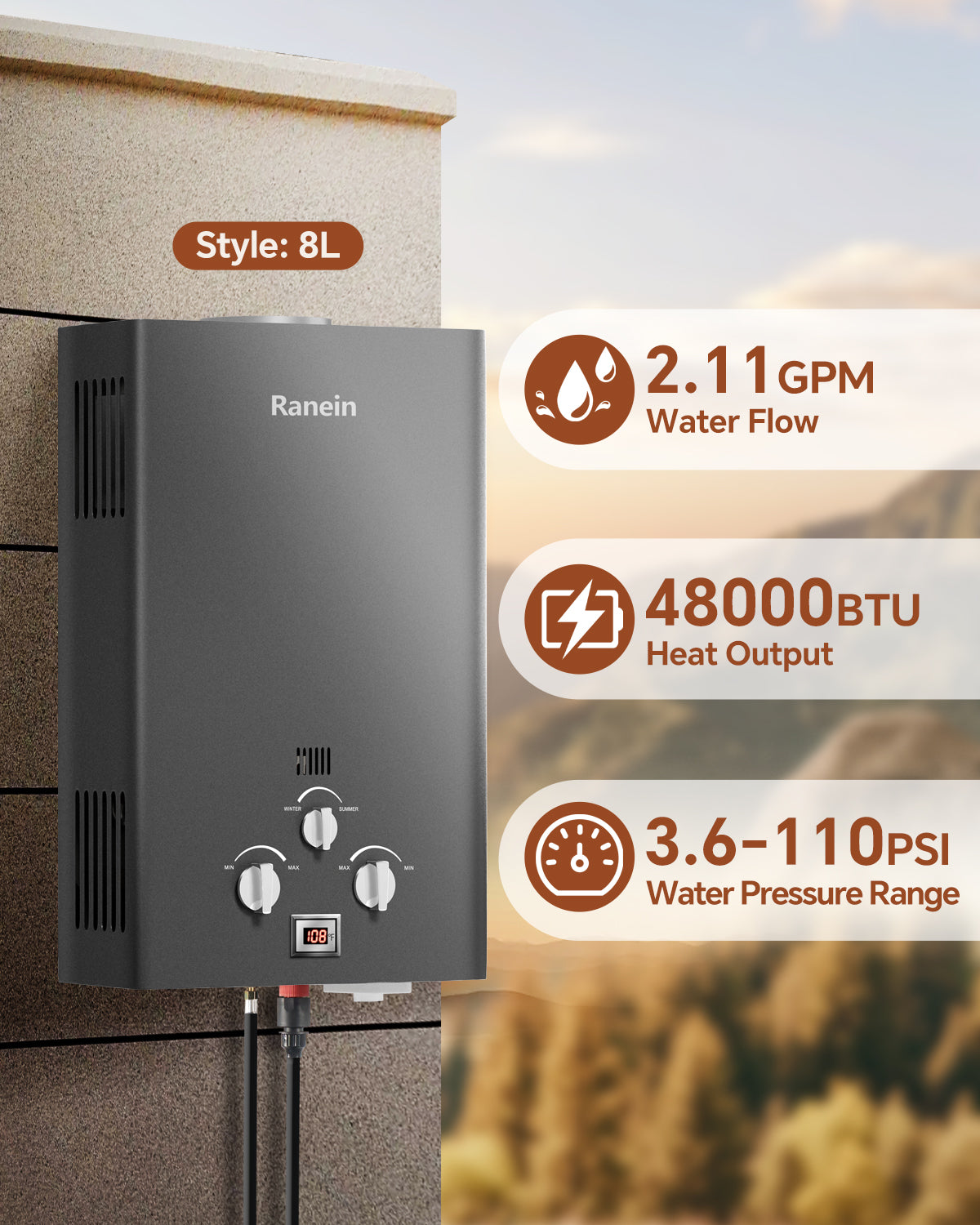 8L/12L/18L Tankless Water Heater, Propane Gas, Outdoor Up to 2.11 GPM, 48,000 BTU