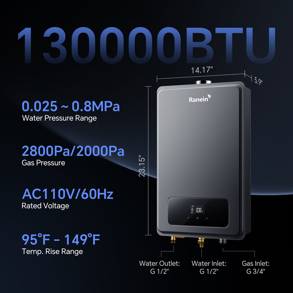 Gas Tankless Water Heater Indoor Max 5.3GPM 130,000BTU