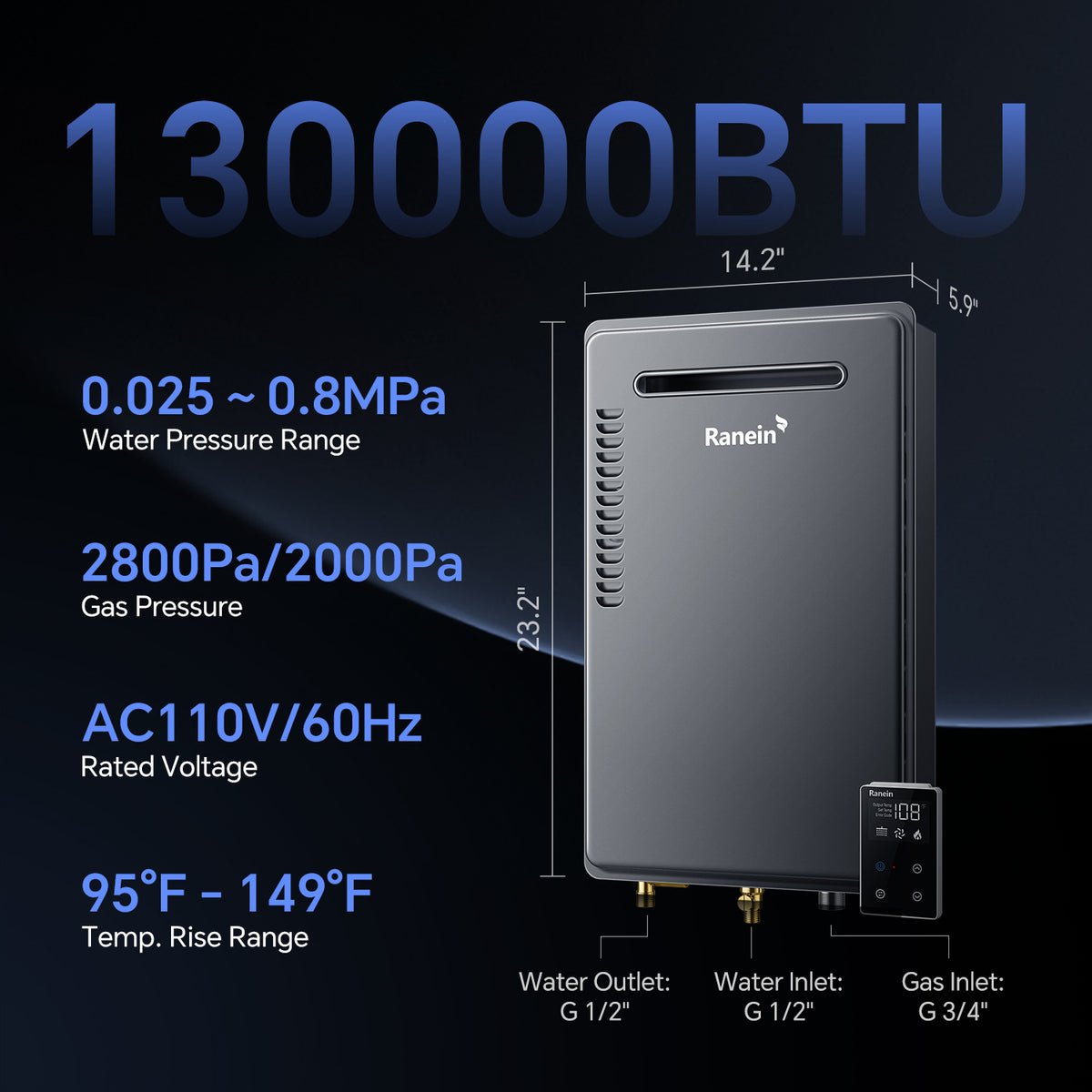 Gas Tankless Water Heater Outdoor Max 5.3GPM 130,000BTU