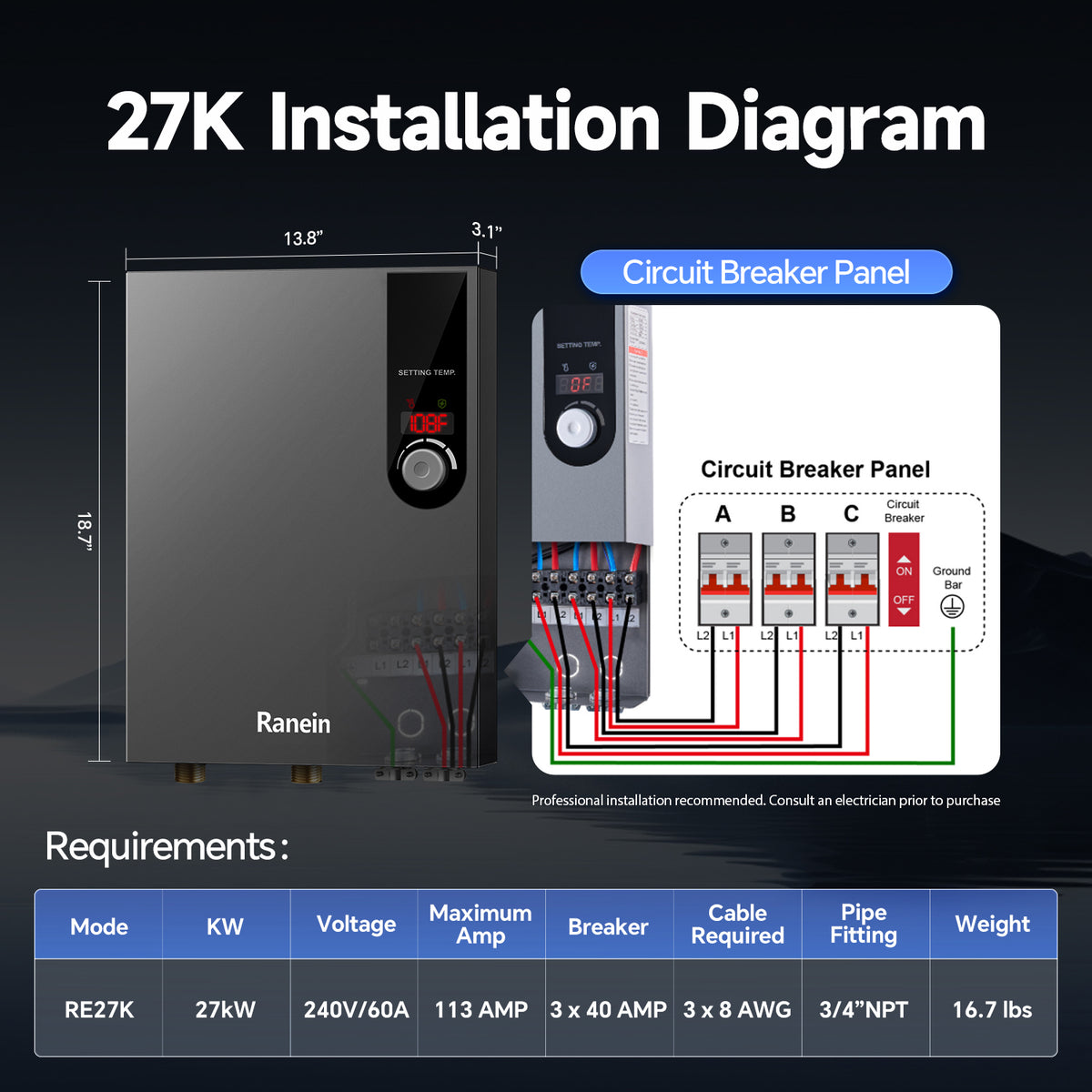 Electric Tankless Water Heater 18K 27KW 240V