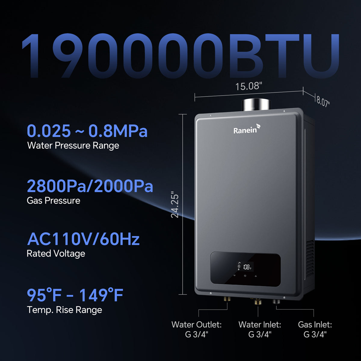 Gas Tankless Water Heater Indoor Max 7.4GPM 190,000BTU