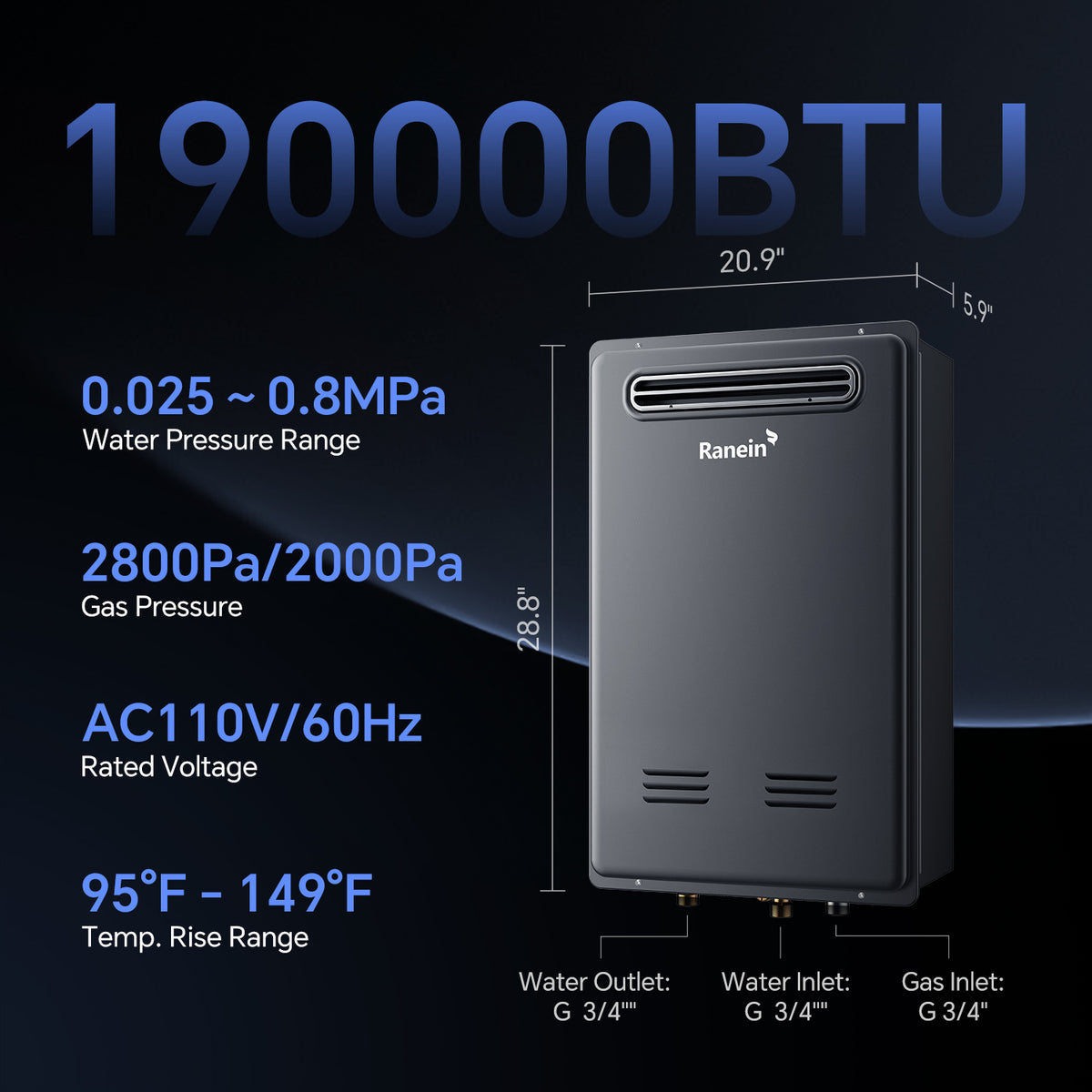 Gas Tankless Water Heater Outdoor Max 7.4GPM 190,000BTU