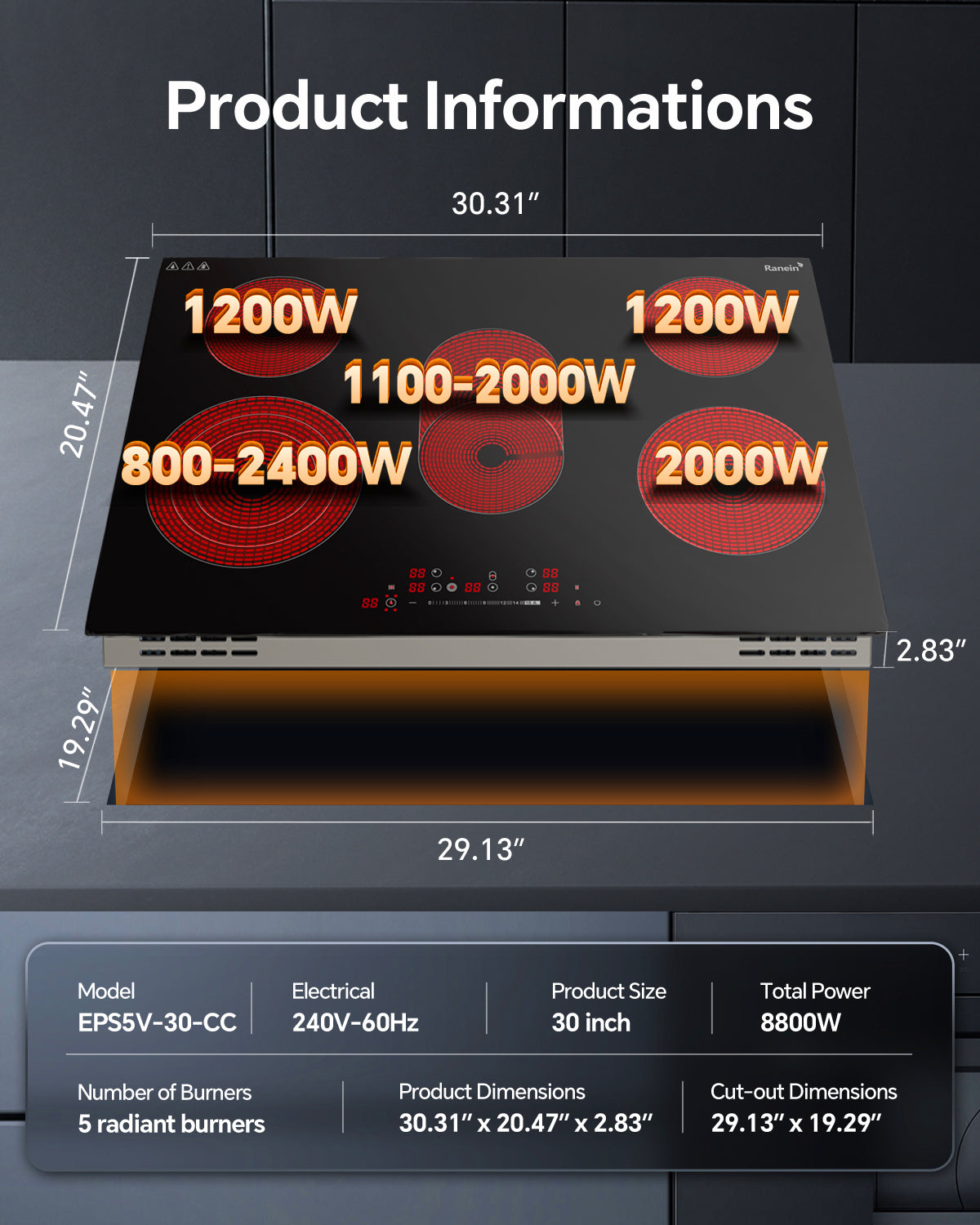 Electric Cooktop with 5 Burners, 30 inch 8800W 240V Ceramic Panel
