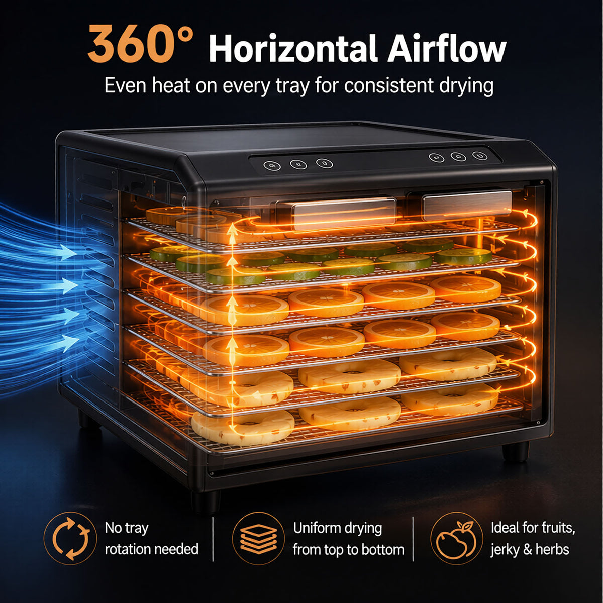 Ranein 6-Tray Food Dehydrator, Precise Temp & 360° Airflow