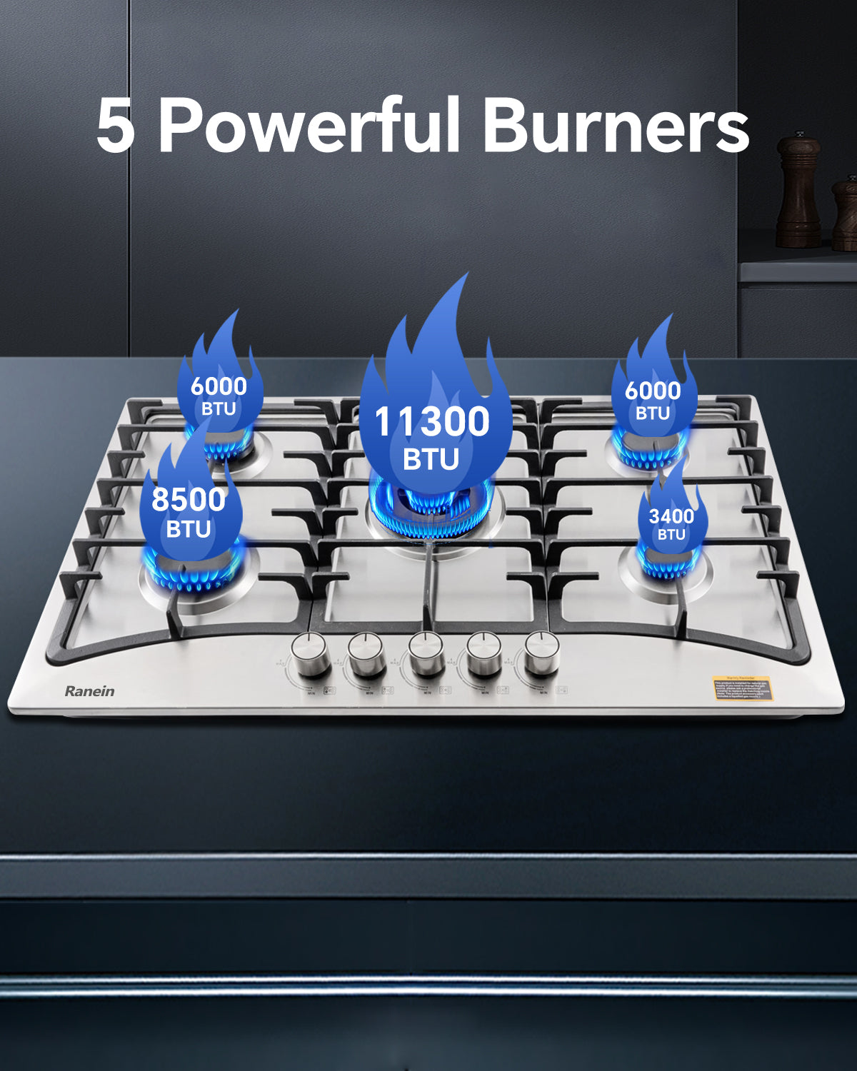 5-Burner Gas Cooktop, 34-Inch Gas Stove Top Compatible