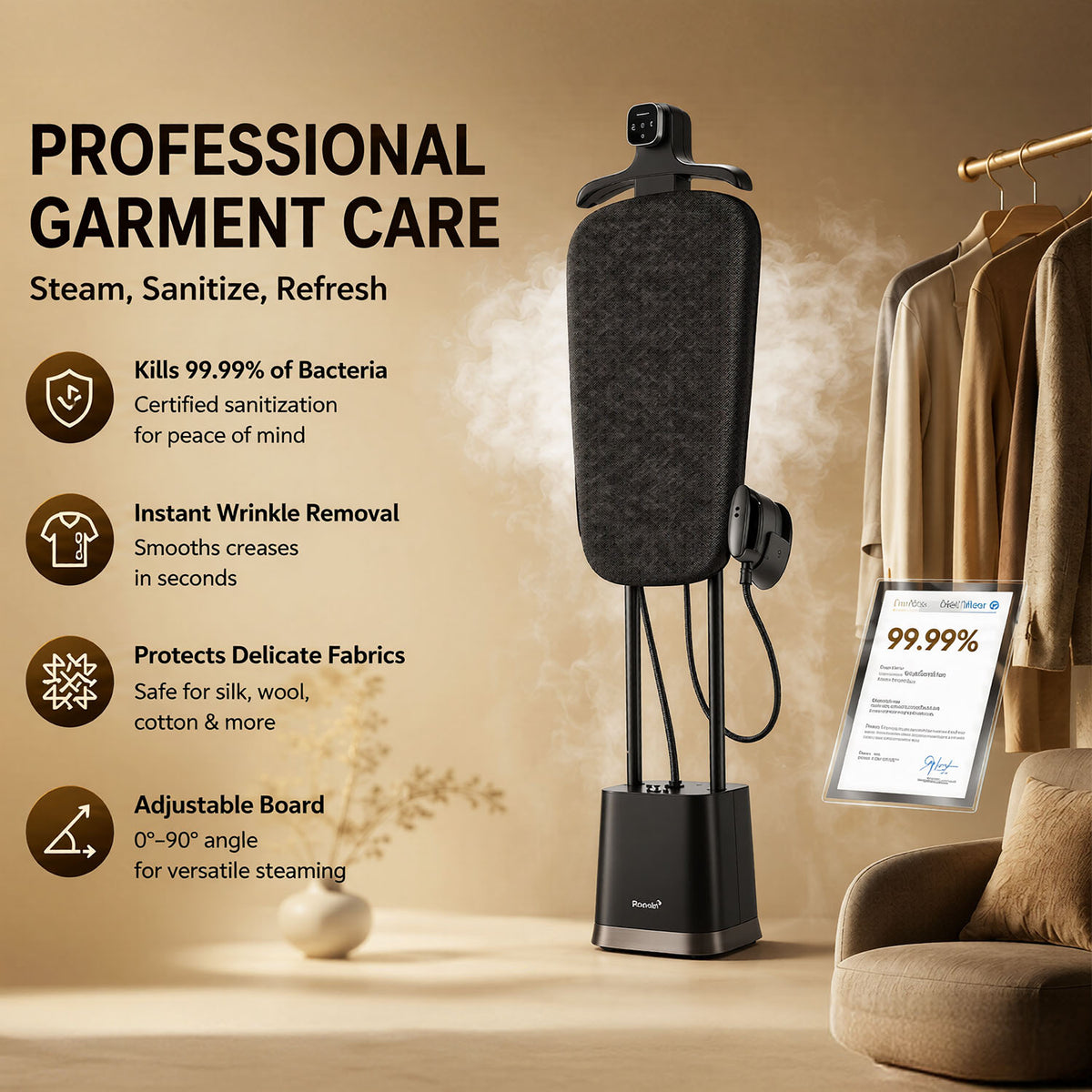 Ranein Standing Garment Steamer, 2200W Steam, Sanitizing, Adjustable Board