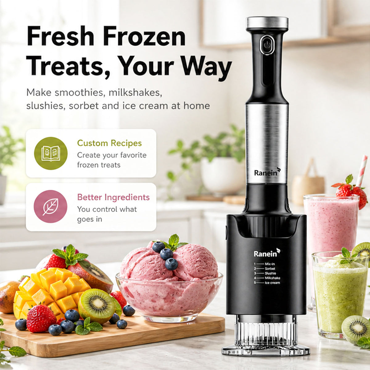 Ranein Premium 5-in-1 Frozen Dessert Maker (5 Preset Modes) Homemade Machine for Ice Cream, Sorbet, Slushie, Milkshakes, 1000ml Capacity - Quick & Healthy Treats