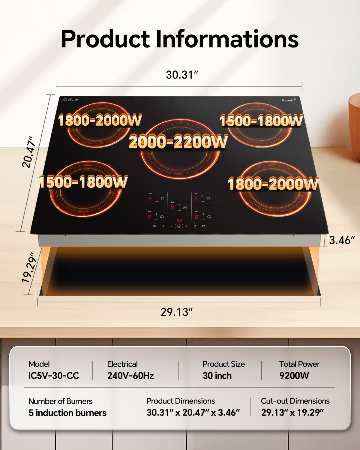 Induction Cooktop with 5 Burners, 30 inch 9200W 240V