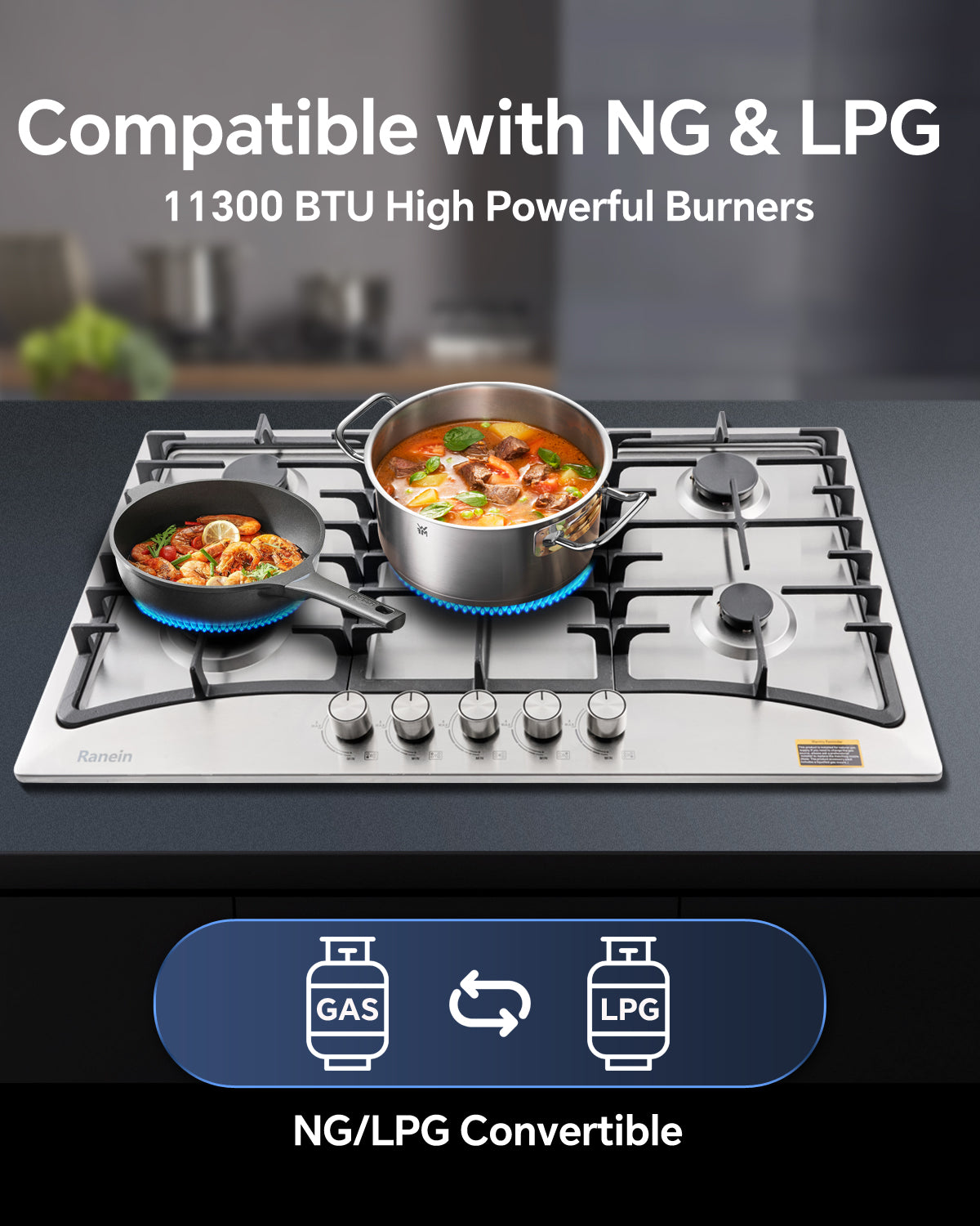 5-Burner Gas Cooktop, 34-Inch Gas Stove Top Compatible