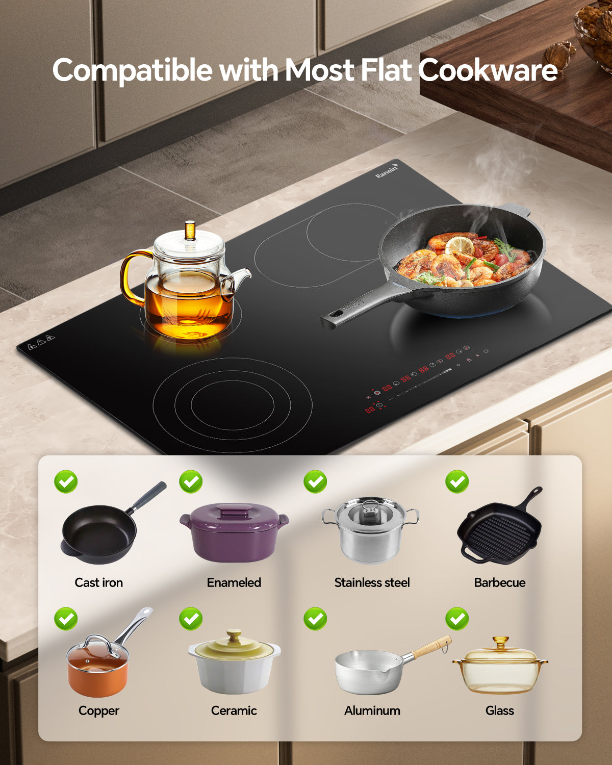 Electric Cooktop with 4 Burners, 30 inch 7900W 240V Ceramic Panel