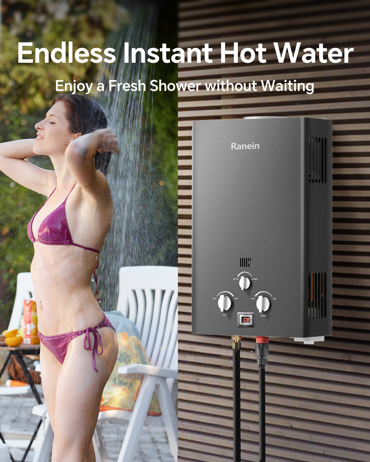 8L/12L/18L Tankless Water Heater, Propane Gas, Outdoor Up to 2.11 GPM, 48,000 BTU