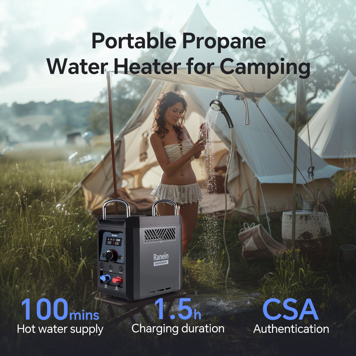 Water Heater for Camping Propane On-Demand with 4000mAh 1.5h Rechargeable Built-in Battery